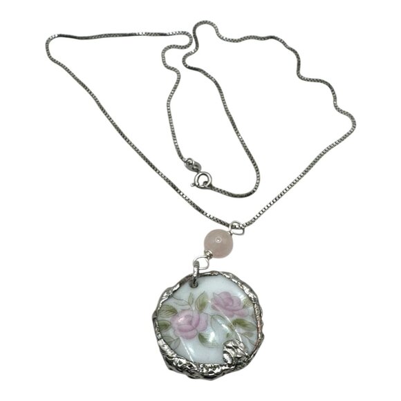 Vintage Broken Bone China Pendant W/ 925 Silver Chain & Rose Quartz Charm - Picture 5 of 15